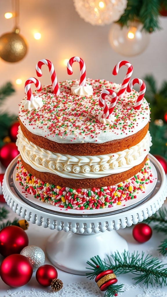 Festive Christmas Cake for Kids A colorful Christmas cake with sprinkles and candy canes on a decorative stand, surrounded by holiday decorations.